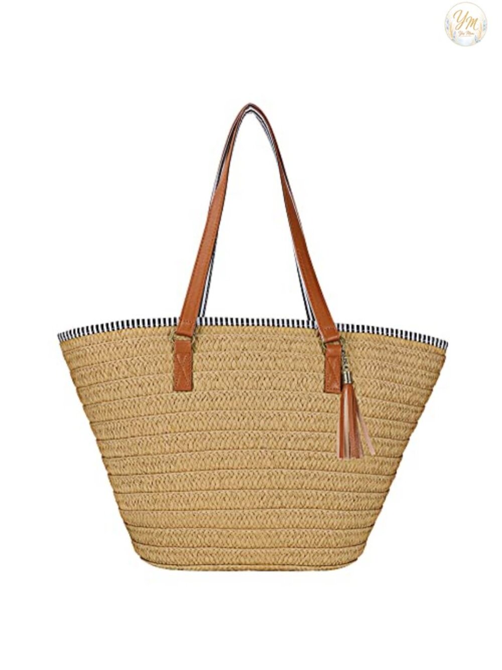 Straw Shoulder Bag Large Beach Tote Handbag with Tassel Faux Leather Handles